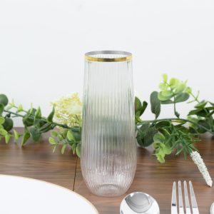 12 Pack Stemless Plastic Champagne Flutes – 9oz Clear Gold Rim – Ribbed Reusable Lightweight Disposable Toasting Glasses